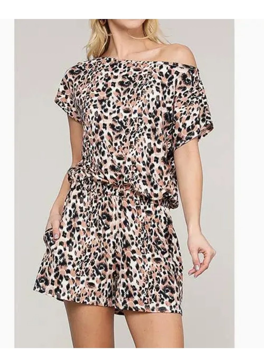 Off-Shoulder Leopard Print Romper in Blush and Black Medium NWT